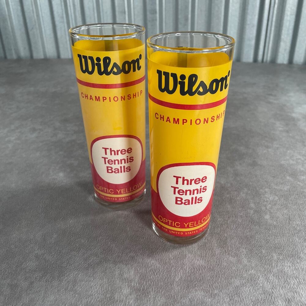 70s' Wilson Championship Tennis Ball Can Tall Glass Highball Yellow Red Set of 2